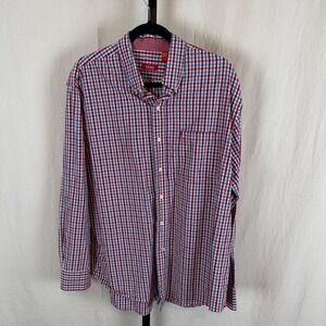 IZOD Mens Large Red White Blue Plaid Long Sleeve Button Down Shirt Casual L